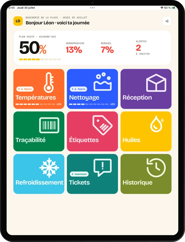 Écran d’accueil de l’application Cleanzee sur tablette : le plan HACCP du jour et les neuf modules